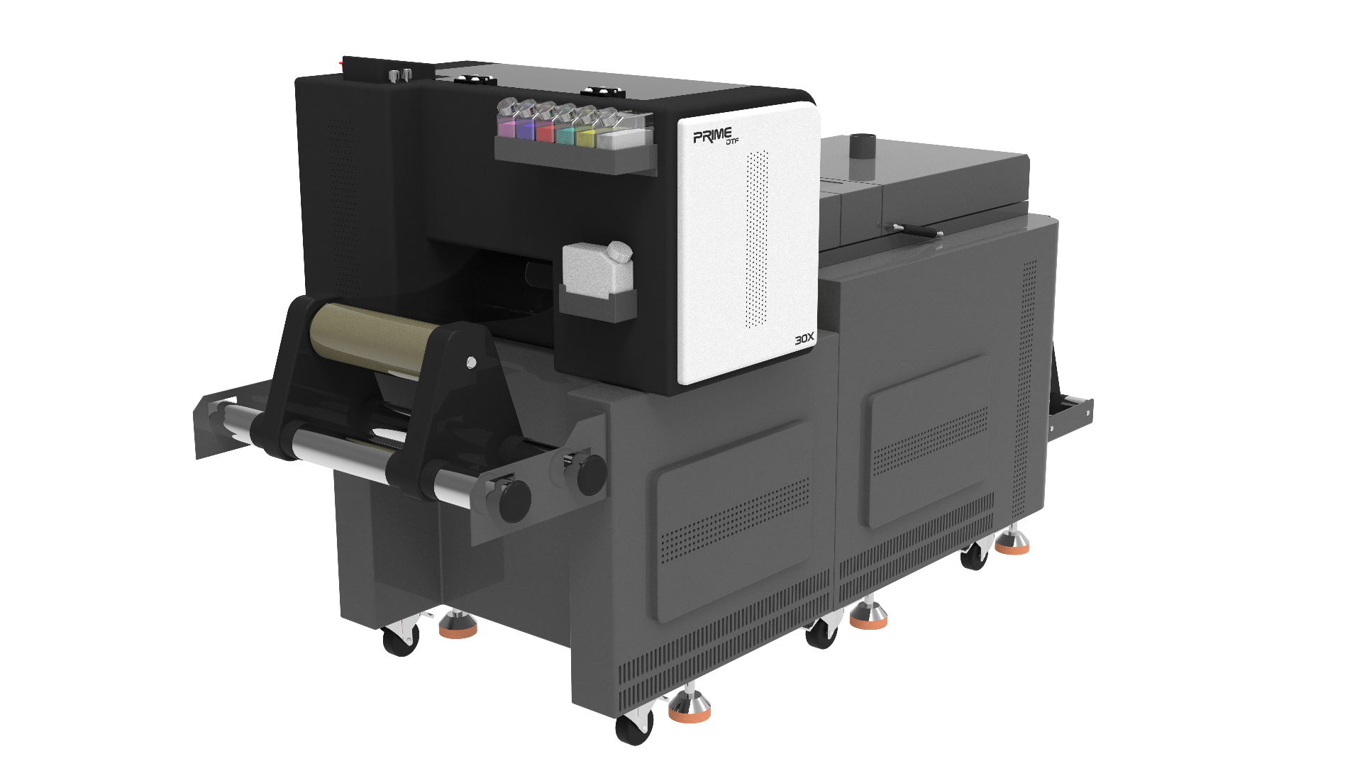 Prime DTF 30X — lateral com saída de filme e tanques CMYK + branco