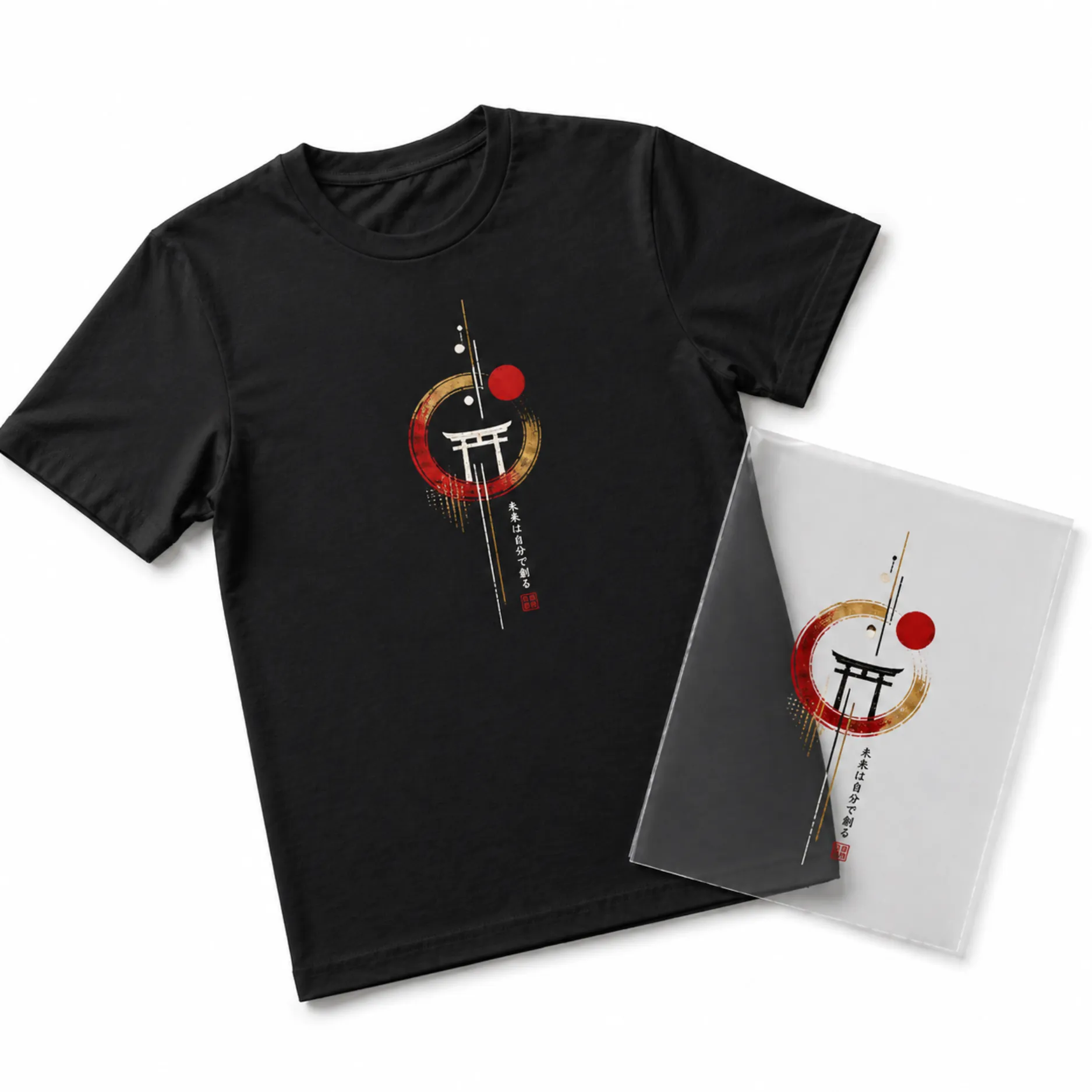 Estampa DTF com torii japonês em camiseta preta