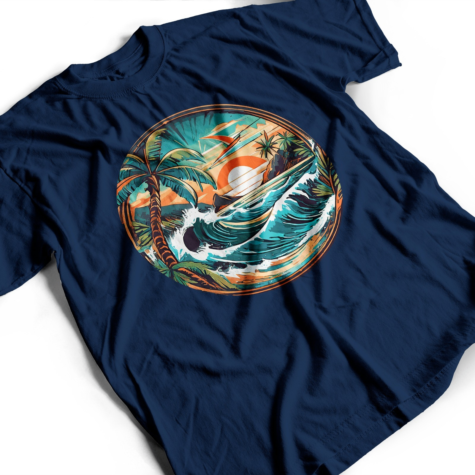 Estampa DTF tropical em camiseta azul marinho